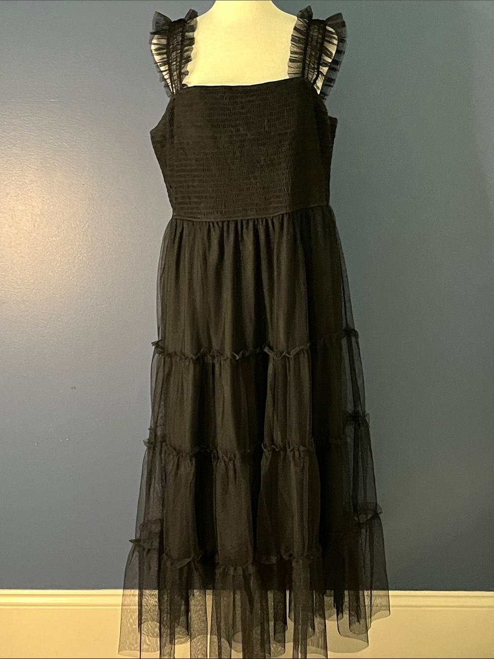 Pretty Garden: XXL Black Tulle Smocked Bodice Dress, tiered w silky black lining